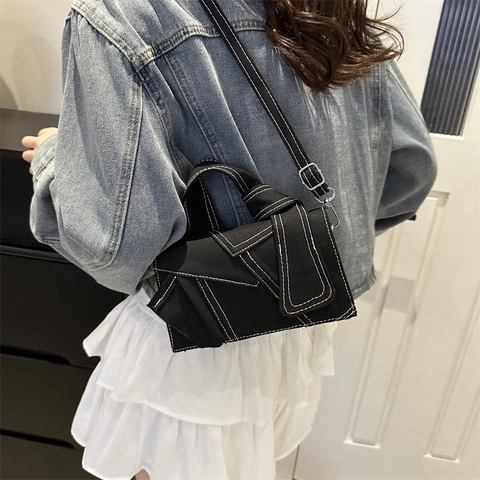 Piccola Borsa Quadrata in Tela Minimalista Con Manico Annodato Cuciture a Contrasto Patchwork Tracolla a Spalla per Donna