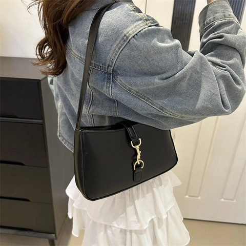 Bolso De Hombro Para Mujer Cuero PU Diseño Francés Retro Hebilla De Gancho De Pistón Dorado Bolso Hobo