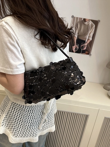 Women's Sequin Shoulder Bag Stylish Rectangular Underarm Bag Chain Strap Evening Party Banquet Handbag Sequin Square Bag