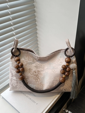 Borsa a Mano da Donna in Stile Neo-Cinese con Manico in Perle di Legno Motivo Paesaggistico Vintage Borsa a Spalla Decorativa con Nappina