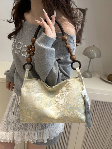 Borsa a Mano da Donna in Stile Neo-Cinese con Manico in Perle di Legno Motivo Paesaggistico Vintage Borsa a Spalla Decorativa con Nappina