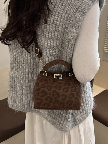 Bolso Cubo de PU con Estampado de Leopardo para Mujer Moda Vintage Cierre de Giro Dorado Asa Superior Bolso de Hombro