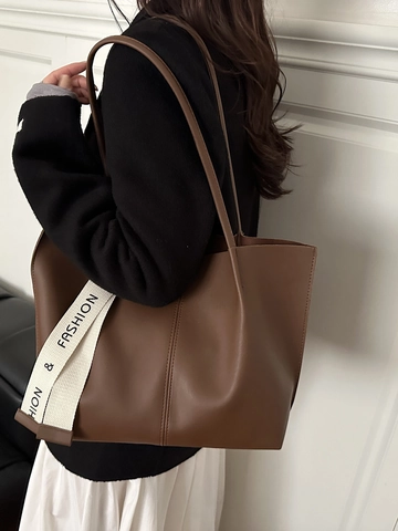Grote Capaciteit Tote Bag Vrouwen PU Leer Elegant Vintage Schoudertas Met Briefprint Riem Casual Woon-Werkverkeer