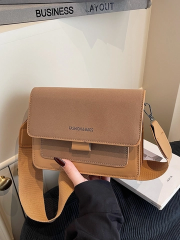 Women Matte PU Leather Crossbody Bag Wide Webbing Strap Fashion Patchwork Square Shoulder Bag Flap Closure Minimalist Style