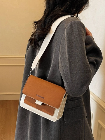 Women Matte PU Leather Crossbody Bag Wide Webbing Strap Fashion Patchwork Square Shoulder Bag Flap Closure Minimalist Style