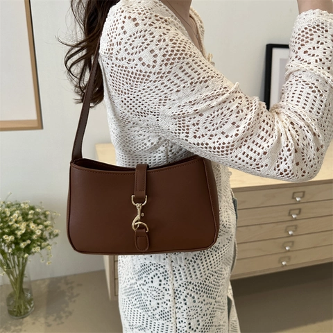 Bolso de Hombro Minimalista de Cuero PU para Mujer con Cierre de Gancho Metálico Color Sólido Moda Retro Baguette