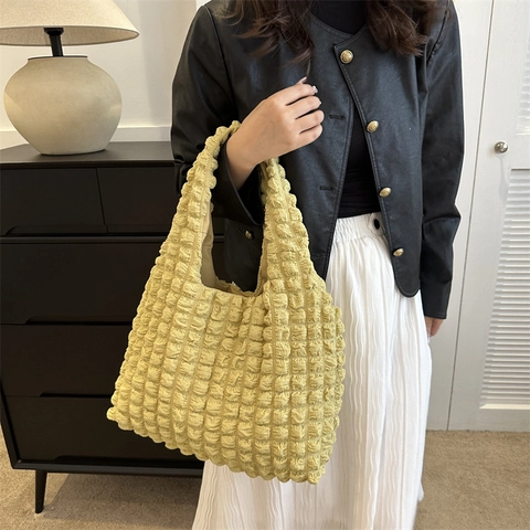 Damen Mode Popcorn Textur Tragetasche Große Kapazität Lässige Achsel Schultertasche Einfache Faltbare Handtasche Stilvolle Einkaufstasche