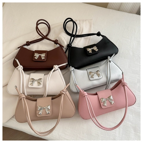 Women PU Leather Hobo Underarm Shoulder Bag With Silver Metal Butterfly Decor Knot Strap Elegant Versatile Fashion