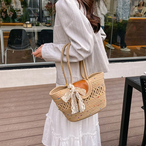 Damen Gewebte Strandbeuteltasche Mode Große Kapazität Punkte Umhängetasche Mit Spitzenschleife Künstliche Perlenschnalle Casual Tote