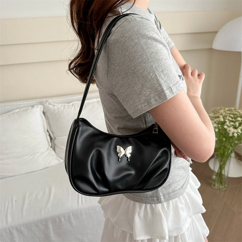 Damen Schmetterling Dekor PU Leder Achseltasche Mode Plissierte Schultertasche Einfache Hobo Handtasche Für Sommer Alltag Pendeln