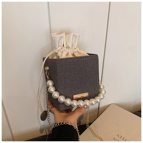 Artificial Pearl Handle Bucket Bag Women Square Box Crossbody Bag With Drawstring Closure Metal Chain Strap PU Fabric Denim