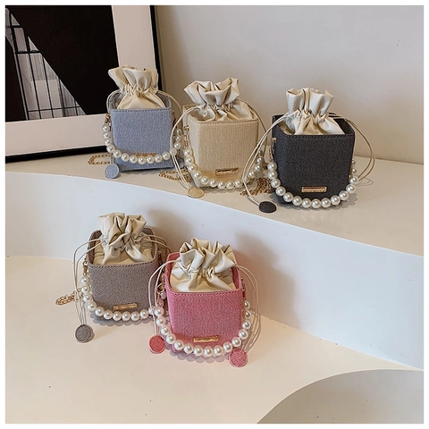 Artificial Pearl Handle Bucket Bag Women Square Box Crossbody Bag With Drawstring Closure Metal Chain Strap PU Fabric Denim