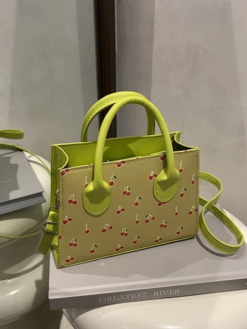 Bolso de Hombro para Mujer con Estampado de Cereza en Cuero PU Pequeño Bolso de Mano Cuadrado con Correa Ajustable Moda Satchel