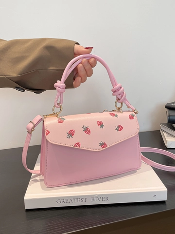 Women Sweet PU Leather Shoulder Bag Printed Strawberry Cherry Small Square Crossbody Bag With Knotted Handle Handbag
