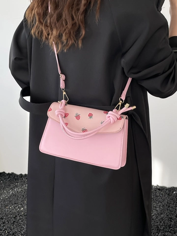 Women Sweet PU Leather Shoulder Bag Printed Strawberry Cherry Small Square Crossbody Bag With Knotted Handle Handbag