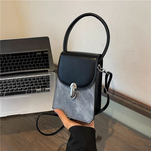Mini Borsa A Tracolla Patchwork Retro Pelle PU Scamosciata Texture Denim Manico Tondo Borsa A Spalla Quadrata Per Donne