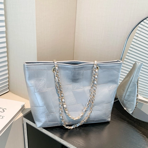 Borsa Tote a Spalla da Donna in Pelle PU Con Patchwork Geometrico Tracolla a Catena in Metallo Grande Capacità