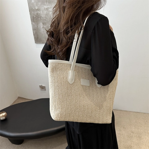Women Straw Woven Tote Bag Large Capacity Summer Beach Shoulder Bag Minimalist Patchwork Handbag For Vacation Everyday Use