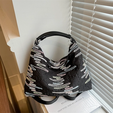Damen Plissee Leinwand Hobo Schultertasche Bunte Wellenstickerei Trendy Unterarm Tote Bag Casual Fashion Pendler Handtasche