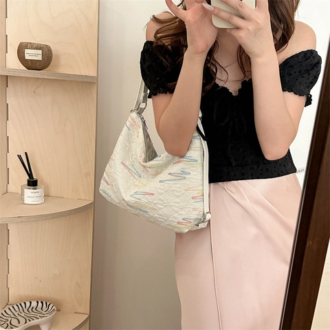 Damen Plissee Leinwand Hobo Schultertasche Bunte Wellenstickerei Trendy Unterarm Tote Bag Casual Fashion Pendler Handtasche