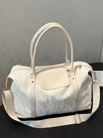 Women Large Capacity Pleated PU Leather Travel Handbag Fashion Casual Shoulder Bag For Trip Work Tote With Adjustable Strap
