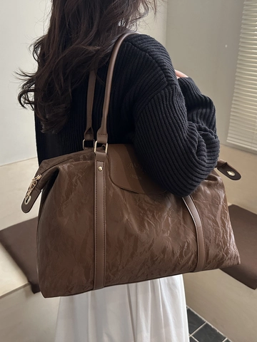 Women Large Capacity Pleated PU Leather Travel Handbag Fashion Casual Shoulder Bag For Trip Work Tote With Adjustable Strap