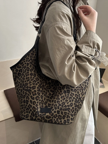 Sac à Épaule Grande Capacité Femme Imprimé Léopard Sac Sous l'Aisselle en Suède Rétro Urbain Minimaliste en Cuir PU