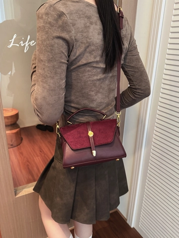 Spliced Matte PU Leather Handbag Square Shoulder Bag With Gold Round Buckle Elegant Crossbody Bag For Women Daily Match