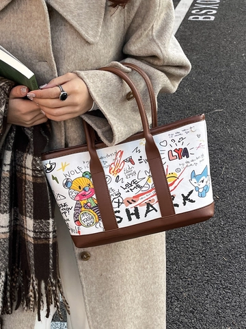 Sac Cabas en Toile Graffiti pour Femmes Grande Capacité Sac à Main Imprimé Dessin Animé Mode Sac à Épaule Décontracté