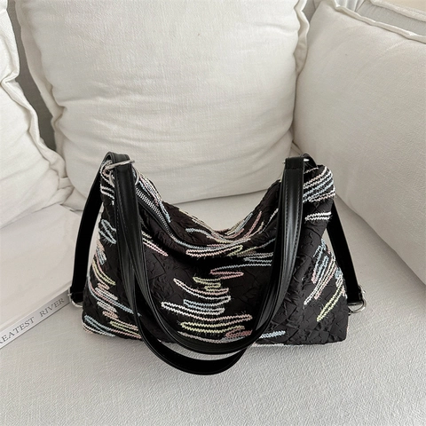 Damen Mode Segeltuch Einkaufstasche Wellenstickerei Faltenstruktur Schultertasche Lässig Hobo Unterarmtasche Für Den Alltag Reise