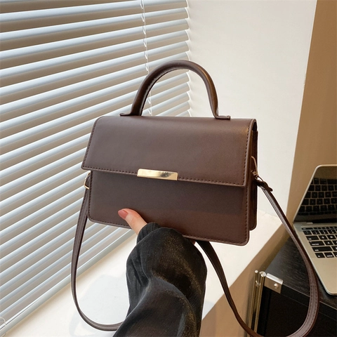 Minimalist PU Leather Shoulder Crossbody Bag For Women Retro Metal Buckle Small Square Handbag Simple Office Commute Satchel
