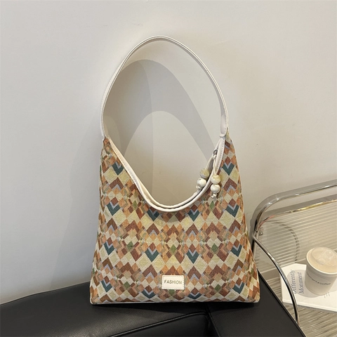 Women Fashion Geometric Pattern Nylon Shoulder Bag Large Capacity Retro Printed Tote Bag With Bead Charm Urban Daily Commuter Handbag
