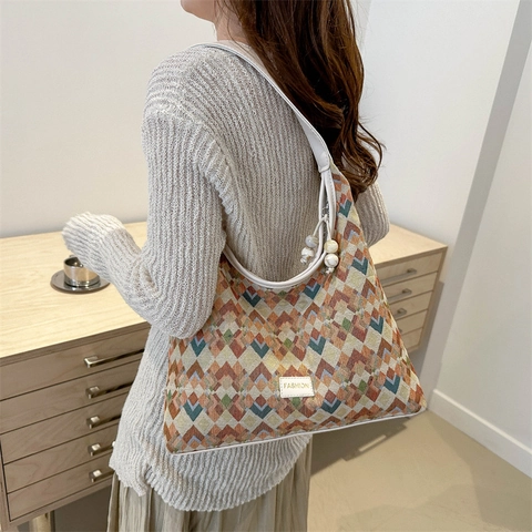 Sac À Épaule Hobo Toile Tissée Motif Géométrique Losange Sac Sous L'Aisselle Style Bohème Rétro Avec Pendentif Perle Pour Femmes