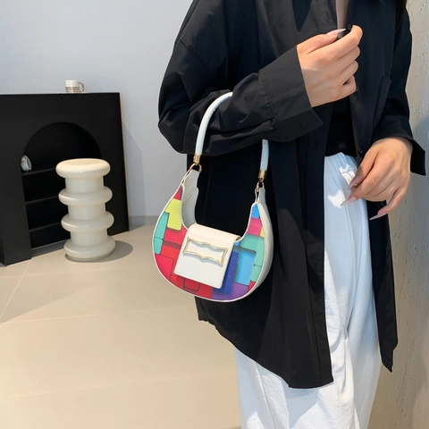 Fashion Patchwork Crescent Shoulder Bag Geometric Color Block PU Leather Hobo Underarm Bag For Women Daily Casual Style