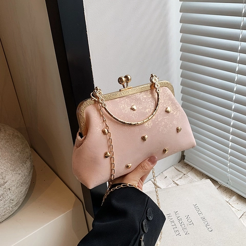Pochette De Soirée Vintage Pour Femmes En Cuir PU Rivets Cœur Poignée Métal Bandoulière Chaîne Fermoir Kiss Lock Sac À Main