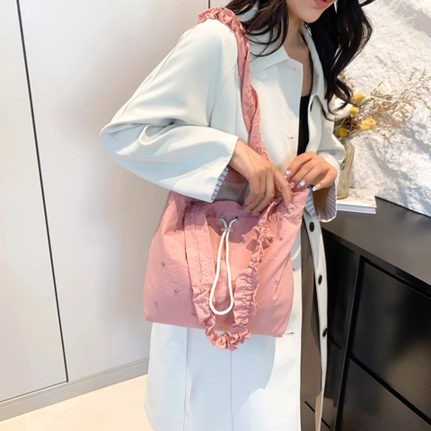 Borsa Tote da Donna in Pelle PU con Manico a Volant Pieghettato Strass Coulisse Grande Capacità Borsa a Tracolla Casual
