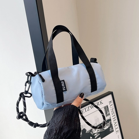 Women Casual Nylon Barrel Pillow Bag Simple Solid Color Crossbody Handbag With Rope Strap Fashion Outdoor Shoulder Bag