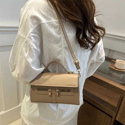Women PU Leather Retro Shoulder Crossbody Bag With Double Zipper Lock Decor Casual Handbag Small Square Bag For Daily Use