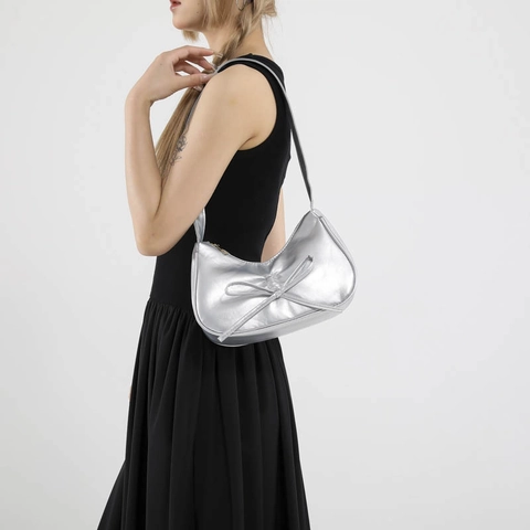 Women Underarm Hobo Bag PU Leather Bow Tie Pleated Crescent Shoulder Bag Metallic Trendy Solid Color Zipper