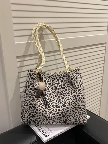 Mode Leopard Print Tote Tasche Damen Große Kapazität Schultertasche Gewebte Griffe Magnetverschluss Schicker Pendler