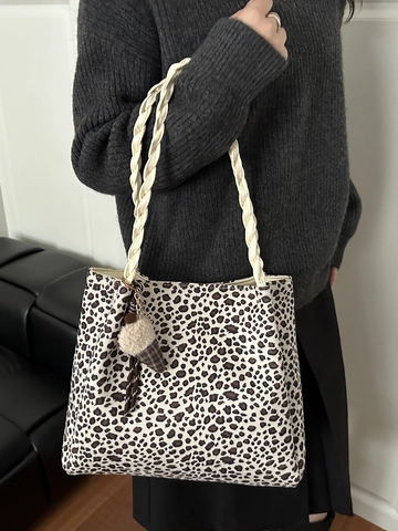 Mode Leopard Print Tote Tasche Damen Große Kapazität Schultertasche Gewebte Griffe Magnetverschluss Schicker Pendler