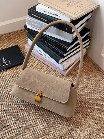 Women Vintage PU Leather Shoulder Bag Retro Baguette Underarm Bag Elegant Solid Color Handbag With Metal Lock For Daily Work Travel