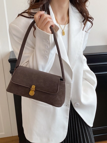 Women Vintage PU Leather Shoulder Bag Retro Baguette Underarm Bag Elegant Solid Color Handbag With Metal Lock For Daily Work Travel