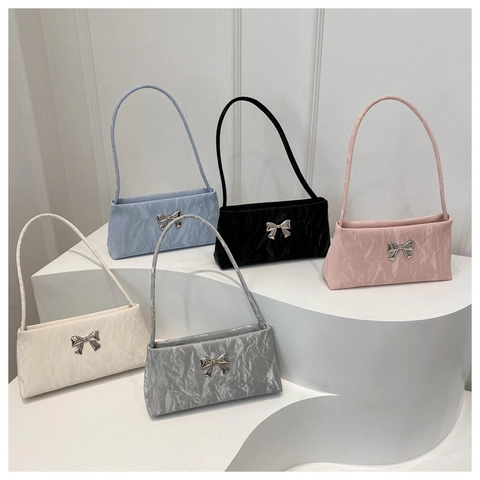 Women Ruched Underarm Bag Minimalist PU Leather Shoulder Bag With Silver Butterfly Bow Decoration Small Square Purse