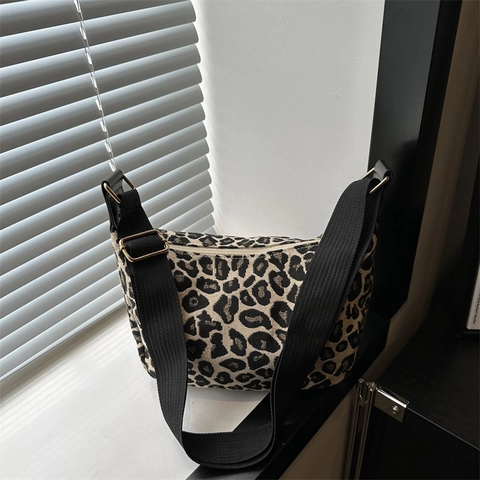 Women's Fashion Corduroy Strawberry Leopard Print Dumpling Bag Casual Adjustable Wide Strap Shoulder Crossbody Hobo Bag