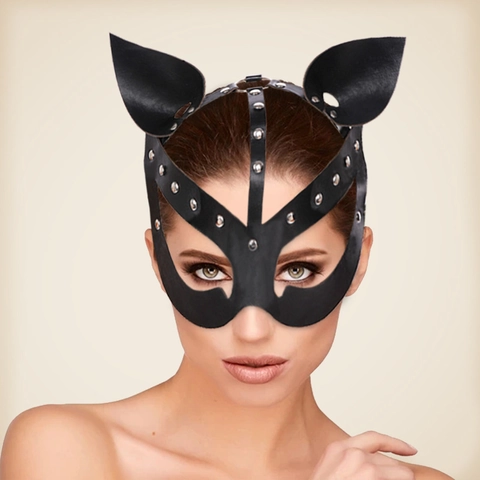 Black PU Leather Cat Mask With Silver Rivets For Masquerade Party Halloween Cosplay Costume Accessory For Women Adult