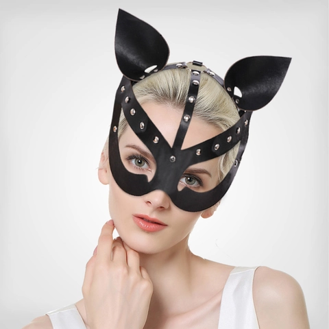 Black PU Leather Cat Mask With Silver Rivets For Masquerade Party Halloween Cosplay Costume Accessory For Women Adult