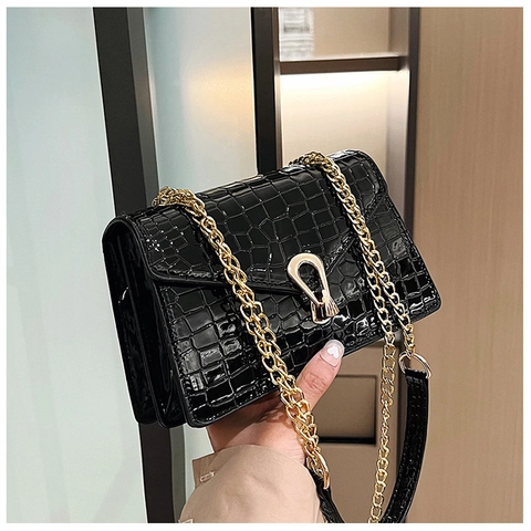 Women Crocodile Pattern Shoulder Bag PU Leather Gold Chain Strap Crossbody Small Square Bag Fashion Metal Lock Handbag