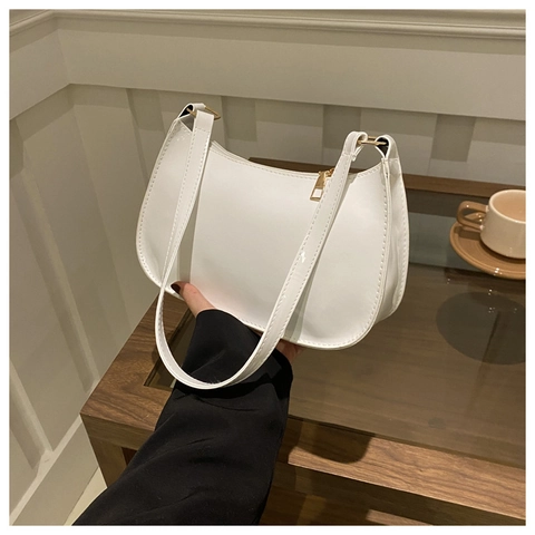 Women Minimalist Patent Leather Underarm Bag Shiny PU Small Shoulder Bag Solid Color Elegant Gold Zipper Versatile Handbag
