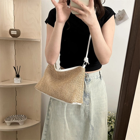Borsa Spalla Paglia Intrecciata Donna Vintage Tracolla PU Annodata Grande Capacità Tote Spiaggia Estate Minimalista